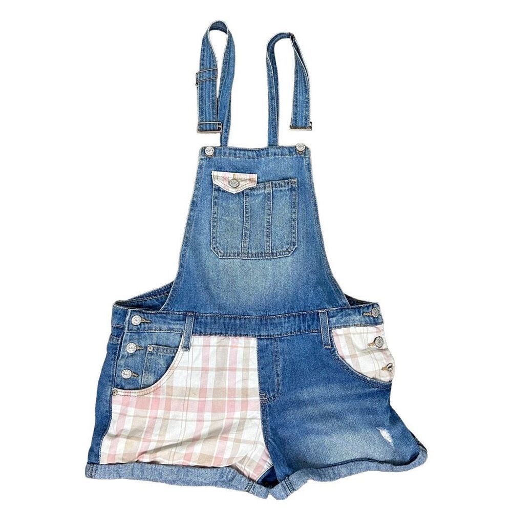 L.E.I. Juniors Blue Plaid Denim Shortalls Size L Distressed Jean Shorts Casual